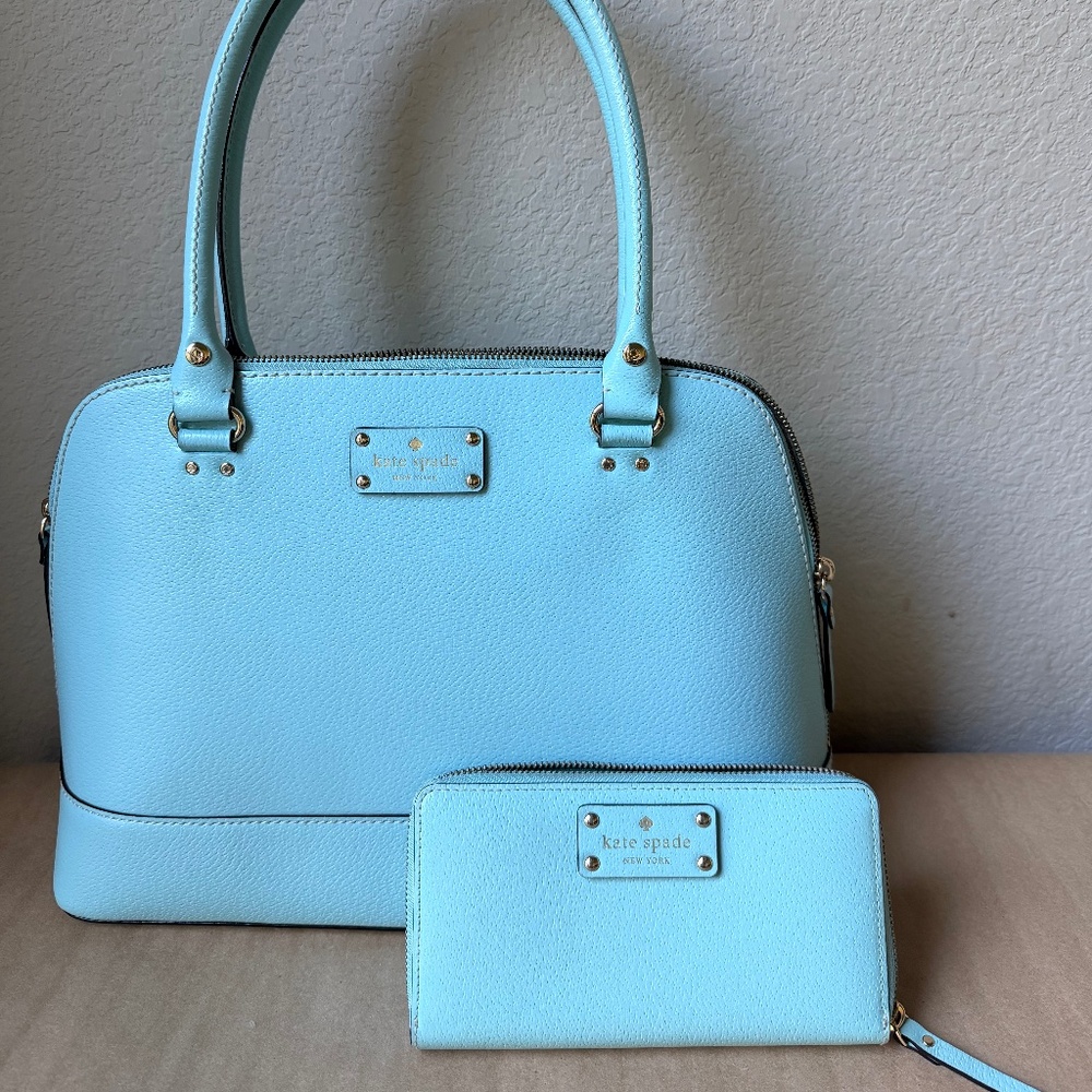 KATE SPADE Wellesley Leather HANDBAG and WALLET SET New Seafoam Domed Top